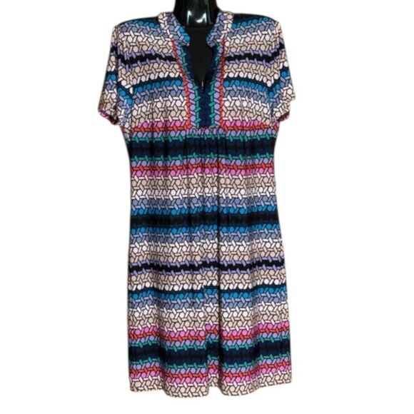 Trina Turk Basket Weave Print Short Sleeve Mandarin Collar Pull On Dress Sz L - Picture 1 of 7